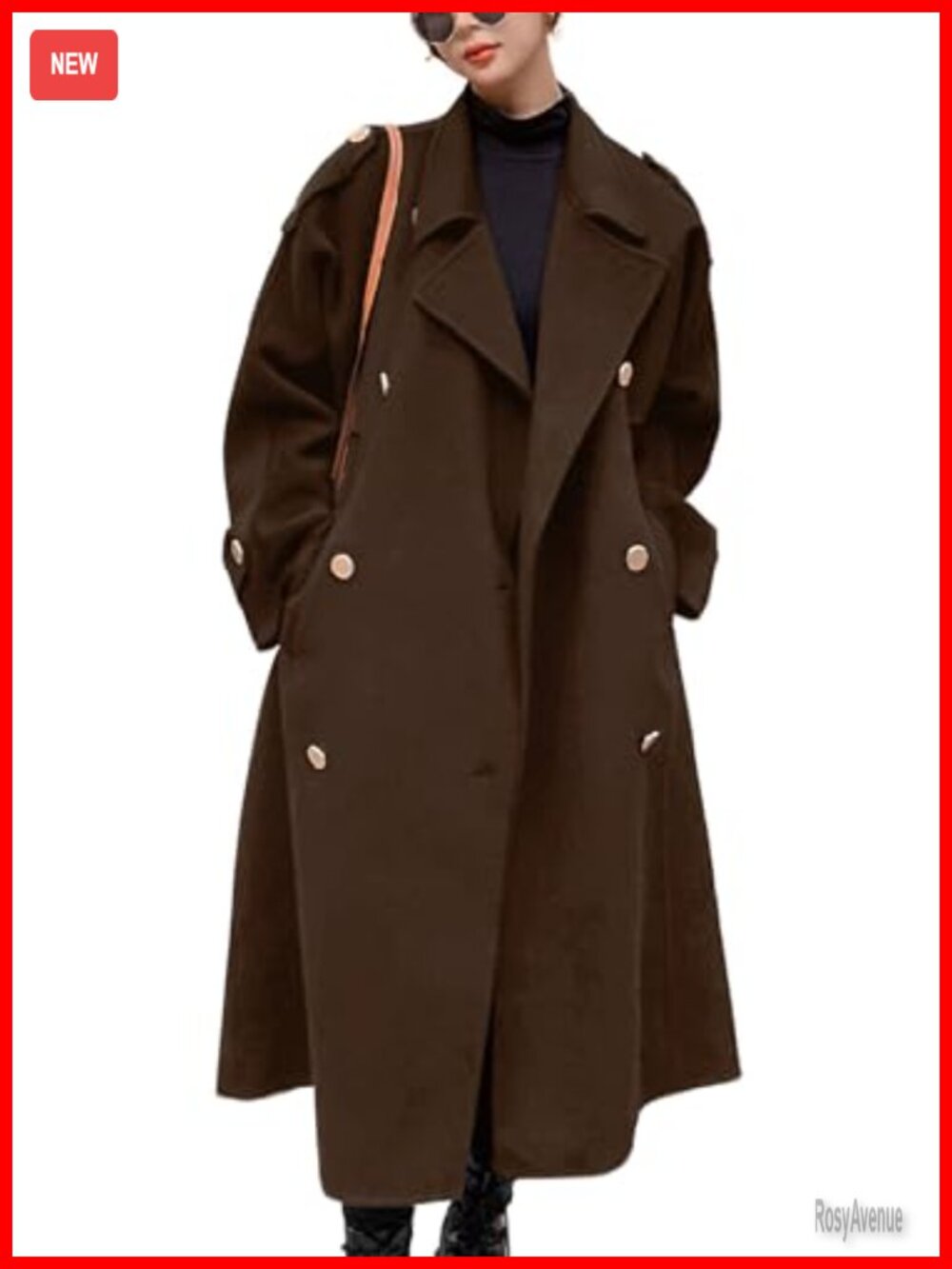 Women's Winter Double Breasted Midi Long Wool Pea Coat Notch Lapel Trench